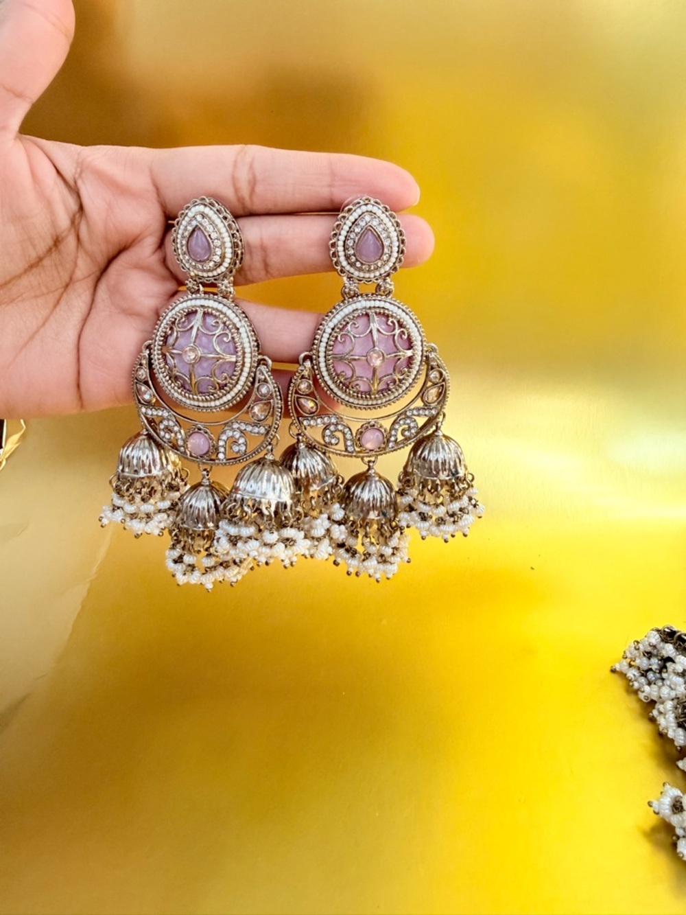 Gold-Tone Pink Stone Jhumka Earrings with Pearl Tassels